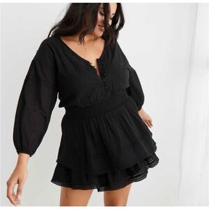Aerie Rock 'N' Ruffle Mini Dress Black Long Sleeve Boho Smocked Lace Size XL